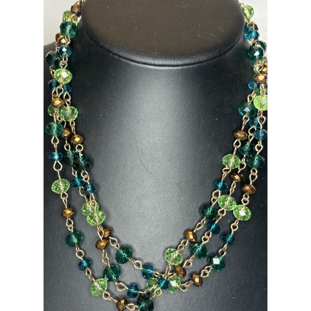 Y2K 46" Faceted Glass Bead Necklace Green Teal Bronze Tone Metal Link Opera